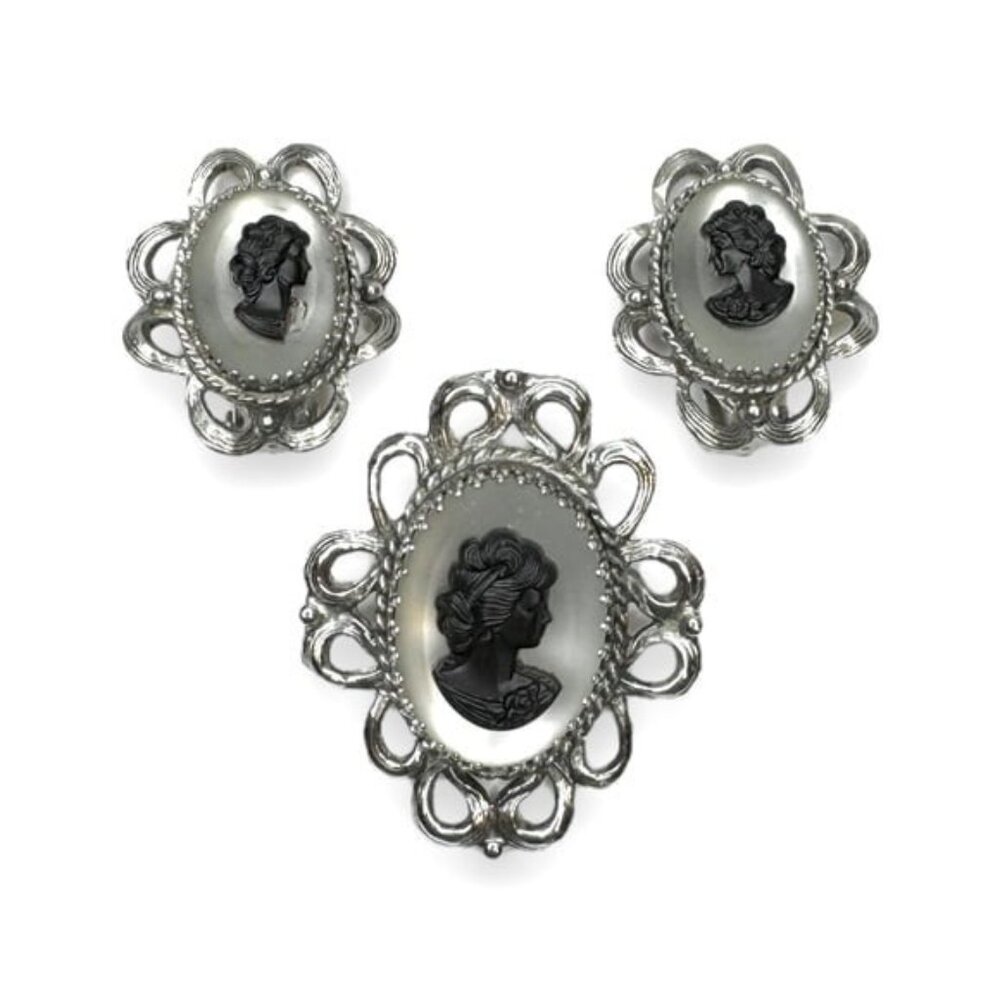 Vintage Whiting & Davis cameo brooch clip earring set silver tone glass 1950s